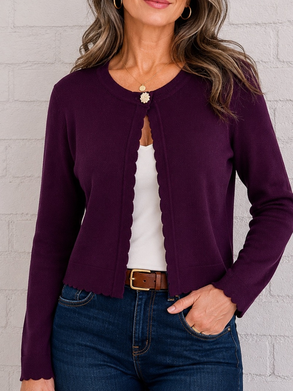 Adrianna Papell Plum Scallop Trim Cropped Cardigan Sweater Large